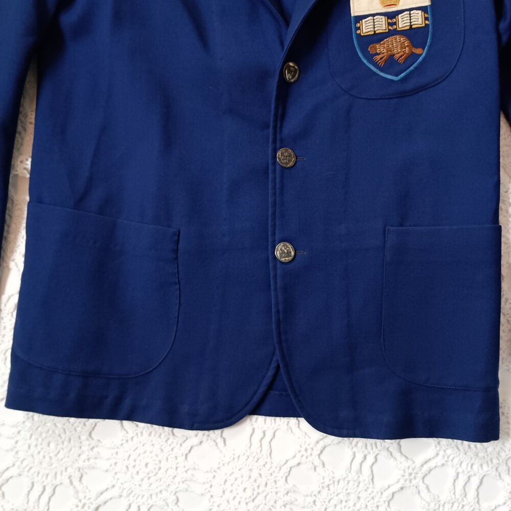 Vtg 50s Wool Blazer Jacket Blue Canadian Crown Beaver Patch Preppy Large Women - Picture 3 of 7